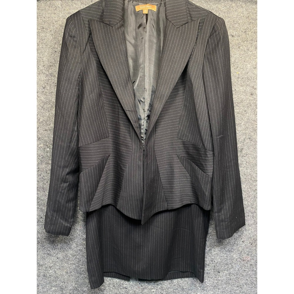 Ellen Tracy Womens Size 14 16 Black Pinstripe 2 Piece Skirt Suit Blazer Pencil